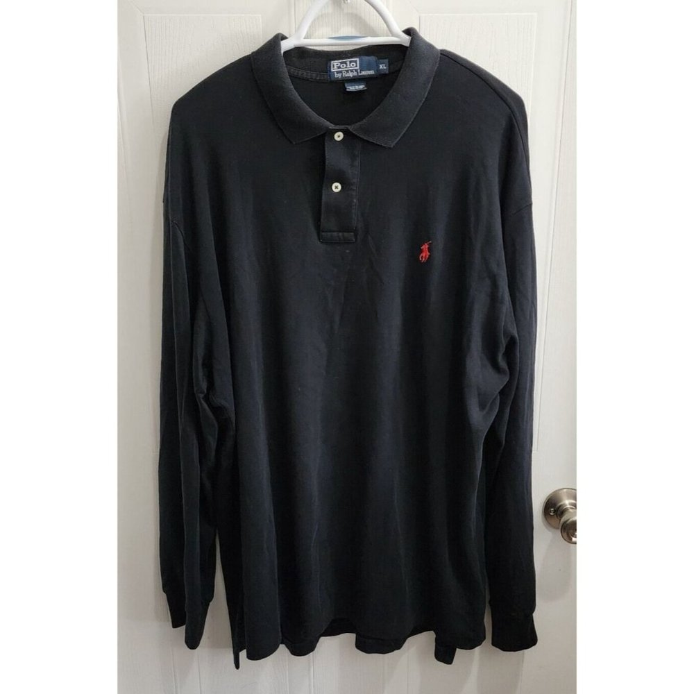 Polo Ralph Lauren Black Long Sleeve Red Pony Polo Shirt Size XL 100% Cotton - Picture 1 of 7